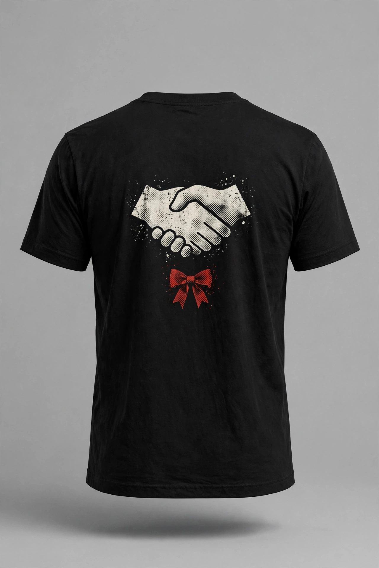 Détail dos du t-shirt, poignée de main brodée et nœud rouge, symbole de solidarité