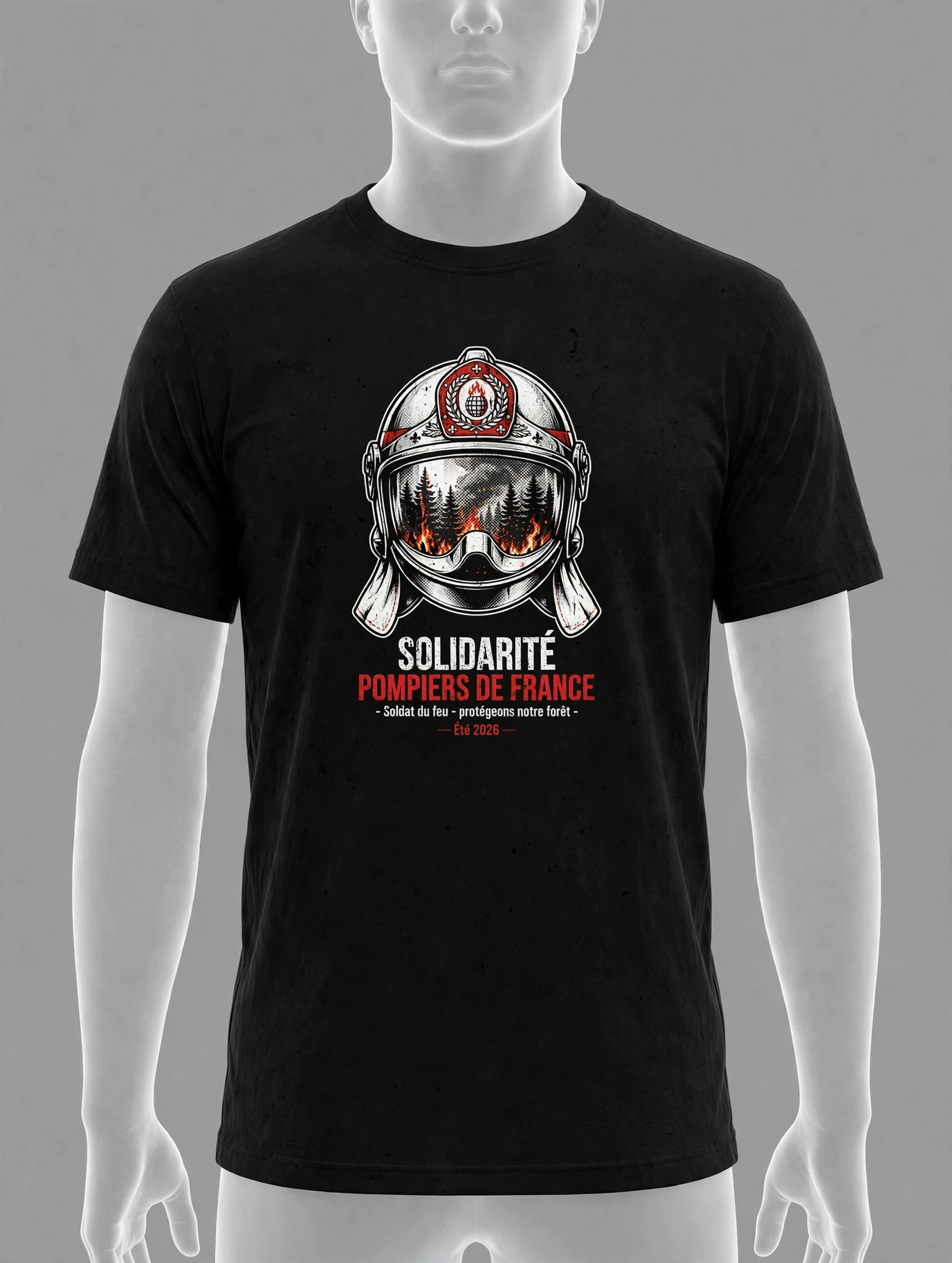 T-shirt noir Solidarité Pompiers de France, casque de pompier avec reflet de forêt en flammes dans la visière, texte Soldat du feu protégeons notre forêt